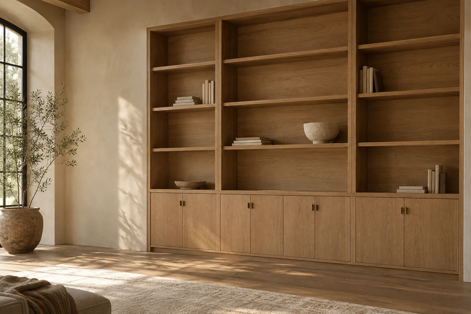 Illustrative oak bookcase and lower cabinets in a quiet sunlit room